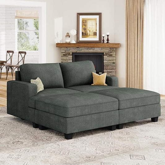 Nolany Corduroy Sectional Couch with Storage Ottoman, Sleeper Sectional Sofa, Modular Sectional Couches for Living Room, Green