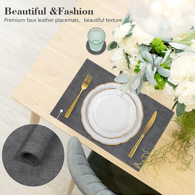 Faux Leather Placemats Set of 6,Heat Resistant Placemats for Dining Table, Easy Clean Non-Slip Place Mats, Waterproof Stain Resistant Wipeable Washable PU Table Mats, (Dark Grey)