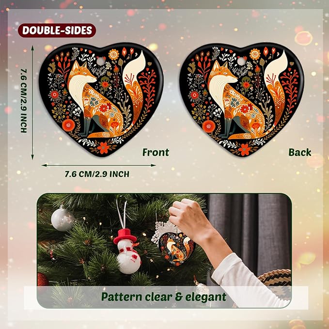 Fox Christmas Ornament - Cottagecore Botanical Heart Ceramic Decoration for Tree - Gift for Women