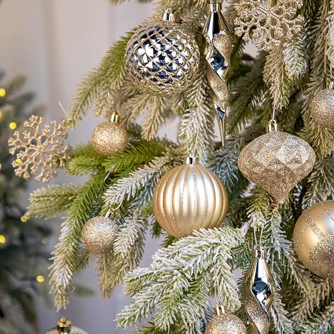 50PCS Christmas Tree Ornaments Set with Shatterproof Balls Icicle Snowflake Hanging Ornaments for Home Office Farmhouse Christmas Decorations, Champagne