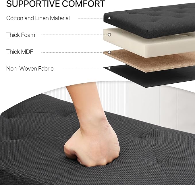 MoNiBloom 42 Inch Long Ottoman with Storage, Black Linen Foot Stool Upholstered Foam Padded Rectangular Fabric Tufted Bench Footrest for Living Room Bedroom Entry with 300 Lbs Capacity