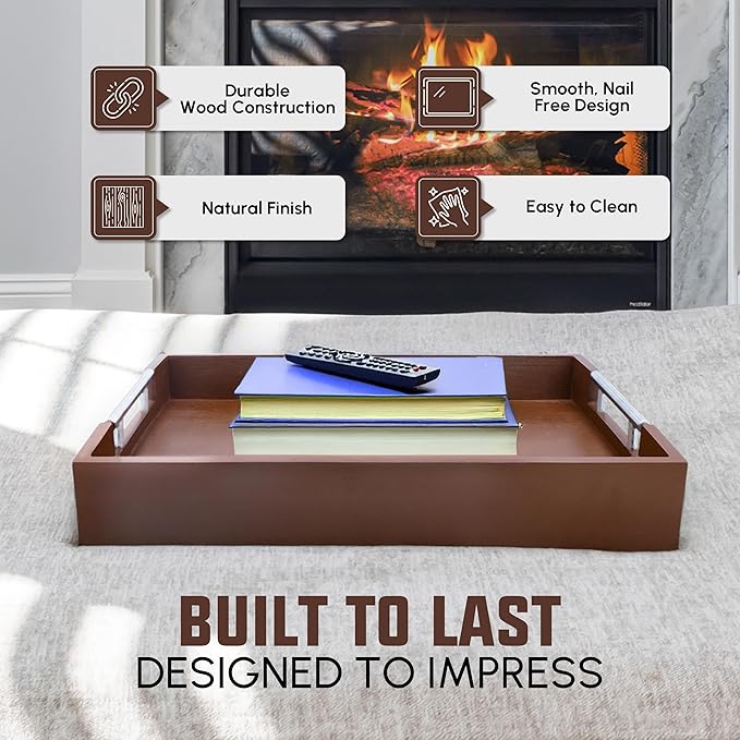 Acacia Wood Serving Tray with Handles - 17" x 13" Rectangular, Decorative Ottoman Tray for Living Room, Coffee Table, Breakfast in Bed, Candle Display