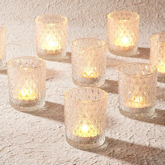 Homemory 12 Pack Clear Glass Votive Candle Holders, Tealight Candle Holder, Vintage Candle Holders Bulk for Table Centerpieces, Christmas, Baby Showers, Birthday, Wedding, Party
