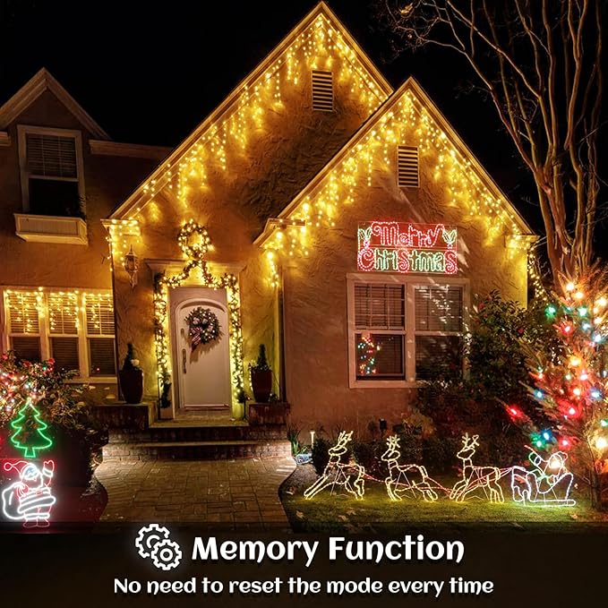 132ft Icicle Lights for Outside - 1280 LED Warm White Twinkle Lights with 240 Drops, 8 Modes Plug in Waterproof Timer Memory. Cannot be Extended. The Plug is in the Middle (66ft+66ft)