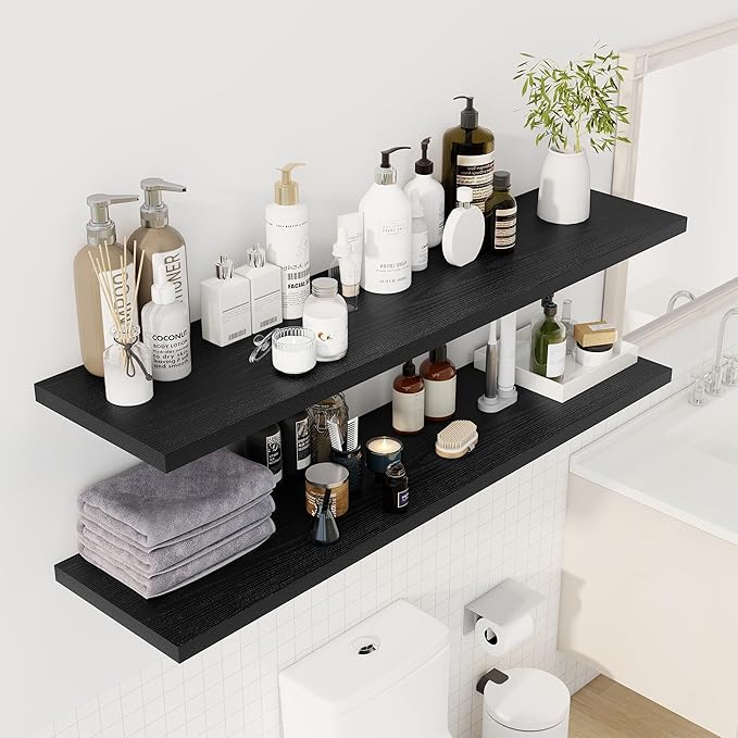 55" Floating Shelves for Wall, 12" Deep Slim Black Floating Shelves, Wall-Mounted Shelves for Bedroom, Living Room, Kitchen, Bathroom - Set of 2