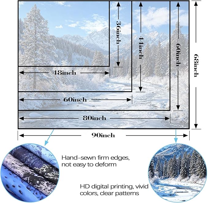 AMM Winter Forest Snow Mountain Tapestry Snowy Pine Tree Woodland Tapestry for Bedroom Aesthetic White Clouds Flowing River Landscape Tapestries Wall Hanging for Living Room Dorm Office 48 x 36 Inch