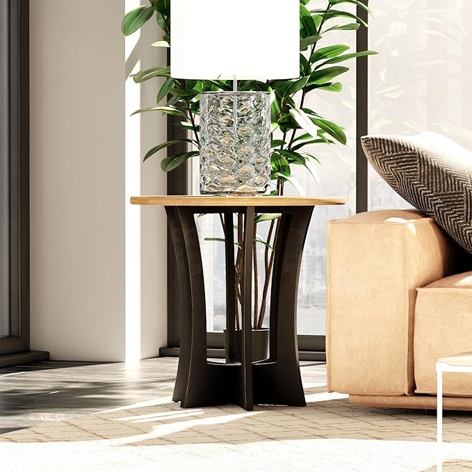 Farmhouse Round End Table with Criss-Cross Wood Legs, Rustic French Country Side Table for Dinning or Living Room, Modern, Black, Natural Wood, 23.62’’W*23.62’’D*23.22’’H