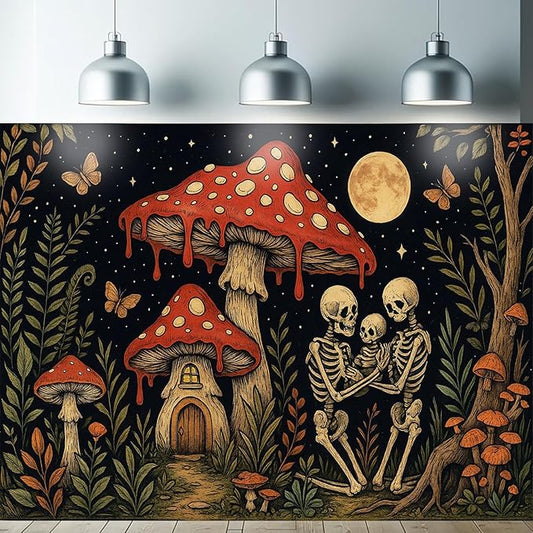 Starlit Patio Skeleton Family Blacklight Tapestry UV Reactive Wall Hanging Mushroom House and Moon for Bedroom Dorm Living Room Glowing Cottagecore Decor Fluorescent Trippy Poster 78 x 59 Inch