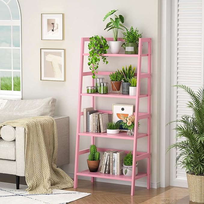 Homykic Bamboo Ladder Bookshelf, 4-Tier Ladder Shelf Open Book Shelf Freestanding Bookcase Bathroom Storage Rack Plant Stand for Living Room, Bedroom, Office, Easy Assembly, Pink