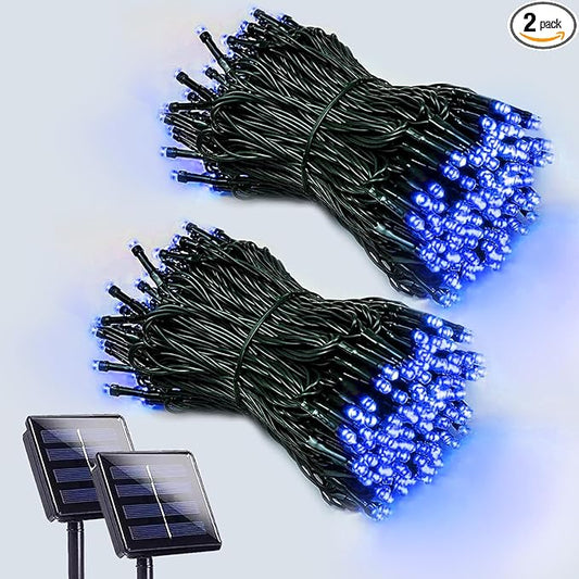 2 Pack 200 LED Solar String Lights Outdoor, Solar Christmas Lights with 8 Lighting Modes, Waterproof Green Wire Solar Tree Lights for Outside Xmas Wedding Party Garden Patio Yard Decorations (Blue)