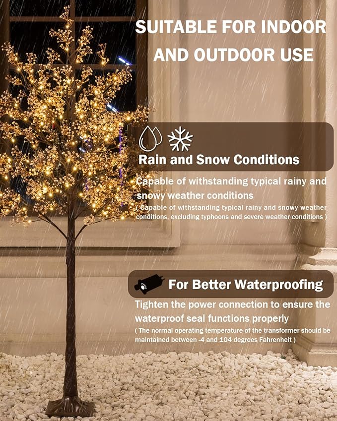 6ft Lighted Baby's Breath Tree with 184 Warm White LED Lights for Holiday Decor - Dimmable, UL Certified, Waterproof - Ideal for Indoor and Outdoor Decoration