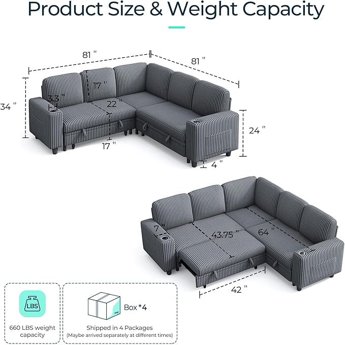 LINSY HOME Sectional Sleeper Sofa with Pull Out Couch Bed - Convertible Plush Corduroy Cloud Couch with Storage Chaise & USB Charging, Comfy L Shaped Modular Couches for Living Room Apartment (Grey)