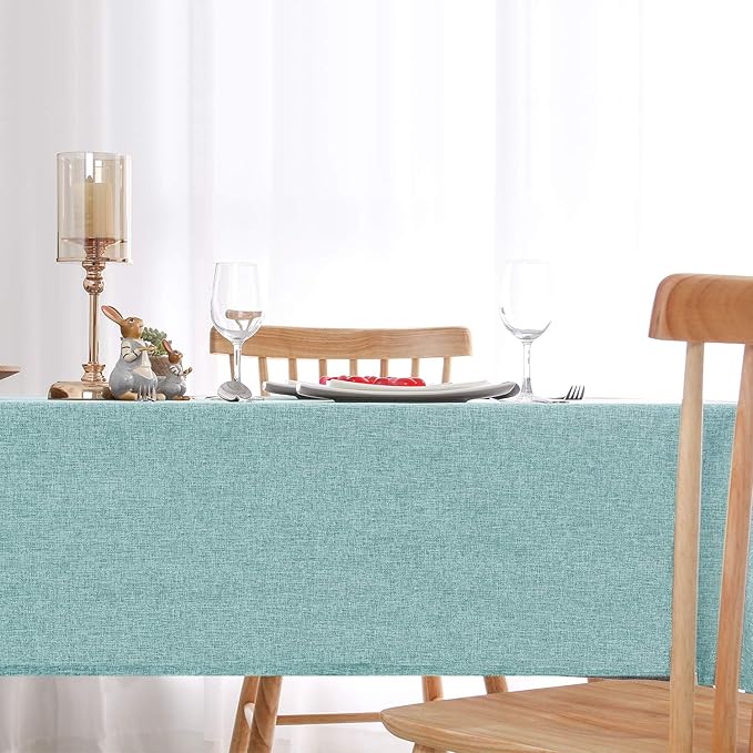 Hiasan Faux Linen Rectangle Tablecloth - Wrinkle and Stain Resistant Washable Table Cloth for Kitchen Dining Room Holiday Table Cover for Party Dinner, Aqua, 60 x 84 Inch
