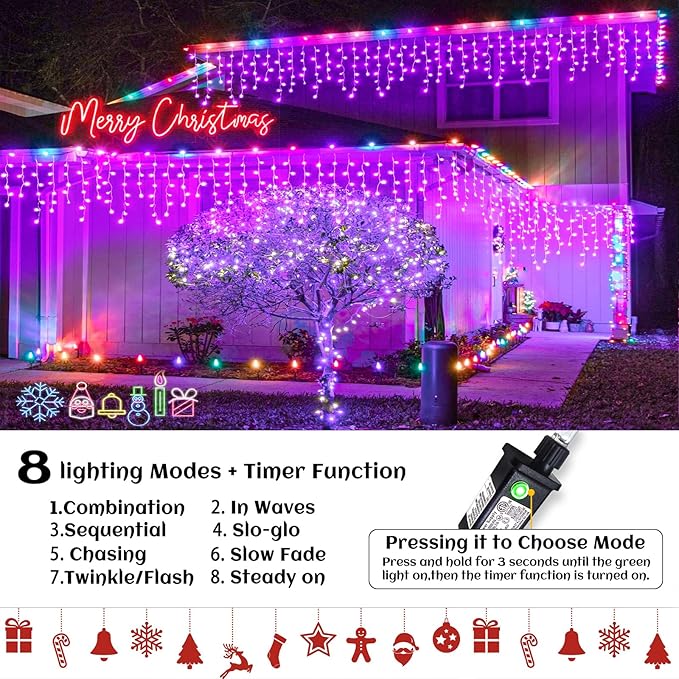 33ft Purple Halloween Lights Outdoor Indoor, 400 LED Icicle Lights for Outside Twinkle Christmas Lights with 75 Drops Clear Wire Timer 8 Modes for House Party Tree Yard Patio Eaves Holiday Decoration