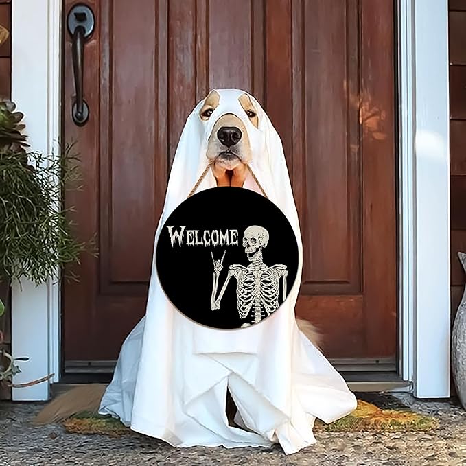 Halloween Decorations Wreath Halloween Skull Welcome Door Sign Front for Door Decoration, Rustic Wooden Holiday Decor for Front Door Porch Window Wall Farmhouse Indoor Outdoor