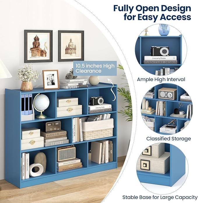 Tangkula 8-Cube Bookcase, Wood 3 Tier Open Storage Bookshelf, Modern Multipurpose Display Cabinet for Living Room, Study, Reading Nook, 48 x 12.5 x 36.5 Inch (Bright Blue)