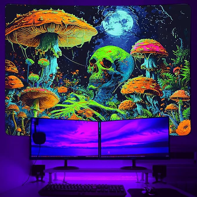 Xiaoput Blacklight Skull Tapestry, Black Light Skeleton Tapestry for Bedroom, UV Reactive Neon Gothic Tapestry for Men, Glow in Dark Trippy Forest Tapestry Wall Hanging for Home Decor,70X60IN