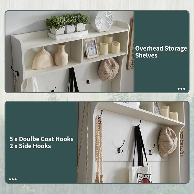 JXQTLINGMU 42" Farmhouse Hall Tree with Shoe Storage, Entryway Bench with 12 Cubbies, 7 Hooks & Barn Doors, Mudroom Coat Rack Cabinet, Off White