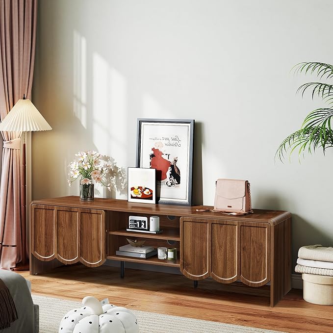 ORRD 63'' TV Stand, Modern TV Console Table Wave Panel Television Stands Entertainment Media Center with Storage Compartment and Sliding Door for Living Room (Walnut)