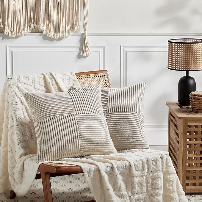 Fancy Homi 2 Packs Neutral Taupe Decorative Throw Pillow Covers 20x20 Inch for Living Room Couch Bed Sofa, Farmhouse Boho Home Decor, Soft Corss Corduroy Patchwork Accent Square Cushion Case 50x50 cm