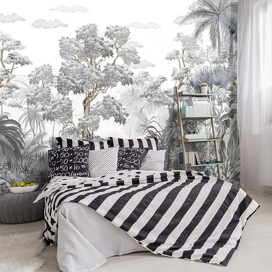 '-Tropical Rainforest Botanical Grey Jungle Forest Fabric Wallpaper Living Room Palm Leaf Plant Bedroom Bathroom Large Wall Mural- 160"x108"（ not Peel and Stick）
