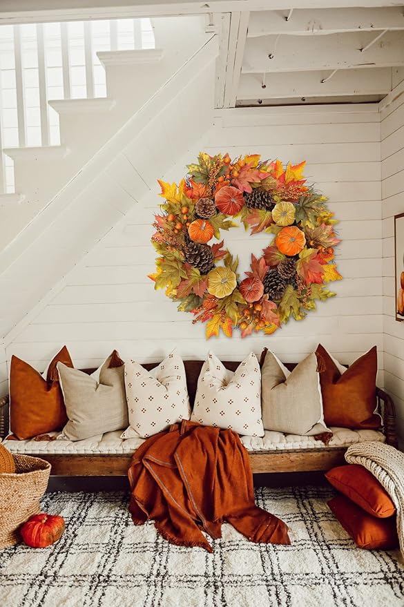 Fall Wreaths for Front Door 26'' Autumn Velvet Pumpkin Wreath with Metal Hook Large Harvest Maple Wreath Fall Decoration for Home Halloween Thanksgiving Decoration, Briful