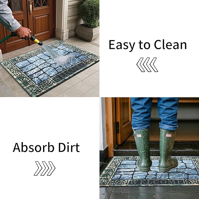 Door Mat Welcome Mat, Heavy Duty Door Mat 17.7 x 29.5 Inch Front Door Mat Rug Doormat for Outdoor Entrance Home Non-Slip Rubber Rug for Front Door, Outside, Entryway, Patio (Blue Welcome)