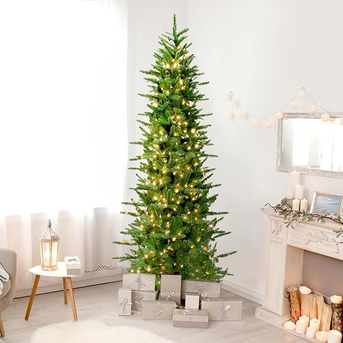Fraser Hill Farm 9-Ft. Carmel Pine Slim Artificial Christmas Tree with Warm White LED Lights and Stand, Prelit Foldable Fake Tree with Realistic Foliage for Home Decoration