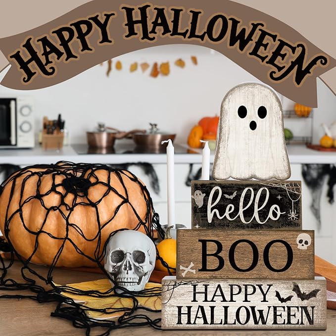 4 Pcs Halloween Table Decoration Wooden Ghost Tiered Tray Decor Rustic Wood Surprised Ghost Block Signs Halloween Centerpiece Farmhouse for Home Tabletop Kitchen Shelf and Party Gift