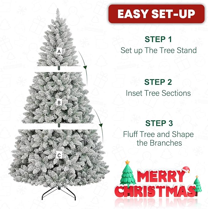 6 ft Lighted Snow Flocked Christmas Tree with Remote Control, 250 Multicolor RGB LED Lights, 1032 PVC Branch Tips, Artificial Hinged Christmas Tree with for Holiday, 15 Modes