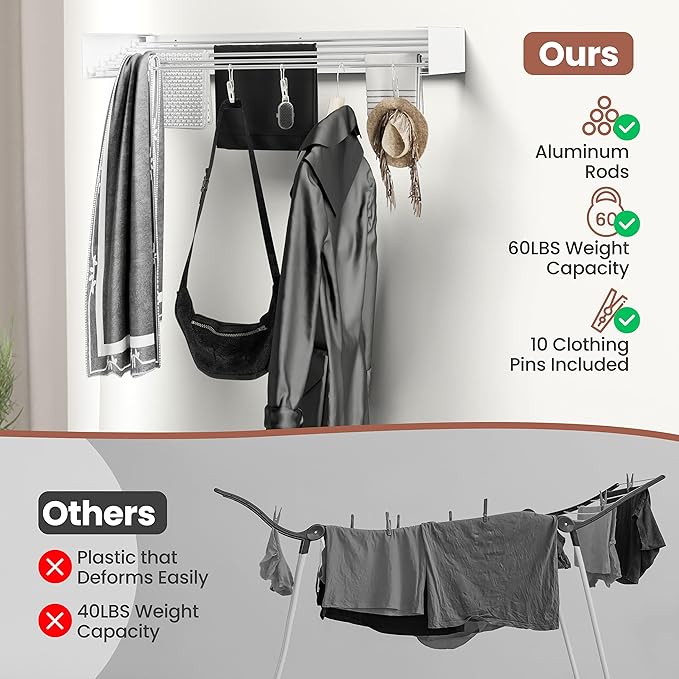 Foldable Wall-Mounted Drying Rack, Heavy-Duty 60 lb Capacity – Space-Saving Folding Laundry Hanger with 10 Clips, Rust-Proof Aluminium Clothes Dryer for Indoor & Outdoor Use