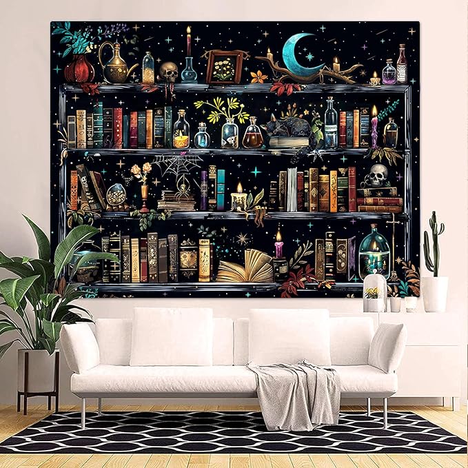 Accnicc Magic Bookshelf Tapestry Magical Witchy Potion Dark Hippie Haloween Tapestries Wall Hanging Gothic Skull Black Cat Library Book Tapestry for Bedroom Living Room Dorm 80 x 60 inch