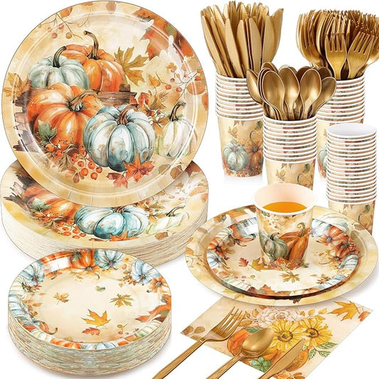 350 Pcs Thanksgiving Fall Party Supplies Maple Leaf Dinnerware Set Disposable Plates Napkins Paper Cups Plastic Cutlery for Autumn Thanksgiving Harvest Party Decor Serves 50(Pumpkin)