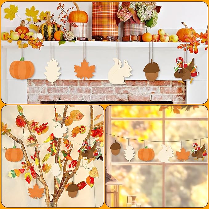 24 PCS Unfinished Wooden Thanksgiving Crafts, Pumpkin Turkey Shaped Hanging Ornaments DIY Wood Craft Cutouts for Thanksgiving Party Decor (Thankgiving)