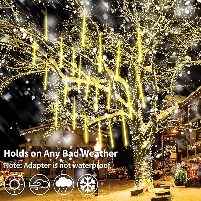 4 Pack Meteor Shower Rain Lights - 20in, 40 Tube, 1440 LEDs Icicle Lights for Xmas, Halloween, Wedding, Party, Tree, Holiday Decoration, Warm White
