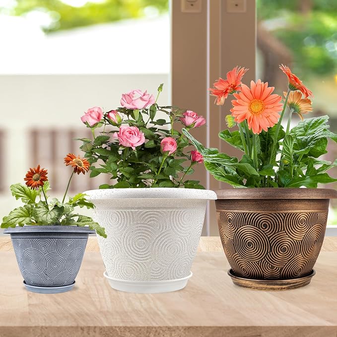14 Inch Large Planter Pot for Plants Indoor Outdoor, 4 Pack Plastic Flower Pots with Drainage Hole & Tray, Modern Decorative Garden Pot with Saucer, Plant Container for House