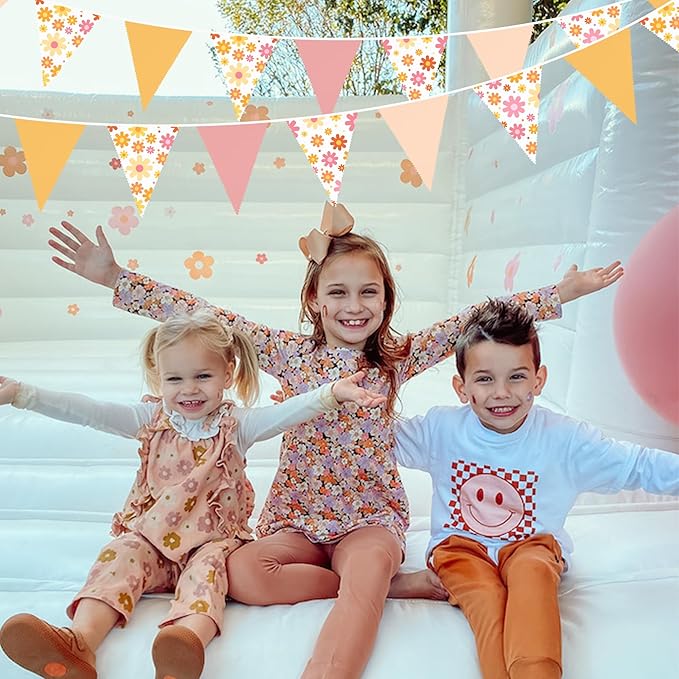 32Ft Groovy Party Decorations Dusty Pink Yellow Pennant Banner Fabric Triangle Flag Bunting Garland Streamers for Daisy Groovy Boho Retro Hippie Wedding Birthday Baby Shower Spring Party Supplies