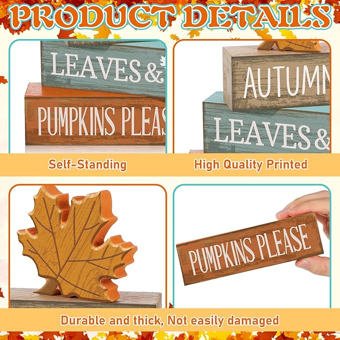 4 Pcs Fall Decor Fall Table Centerpiece Decorations Wooden Maple Leaf Autumn Tiered Tray Rustic Wood Maple Leaf Block Sign Thanksgiving Table Signs Farmhouse for Home Shelf