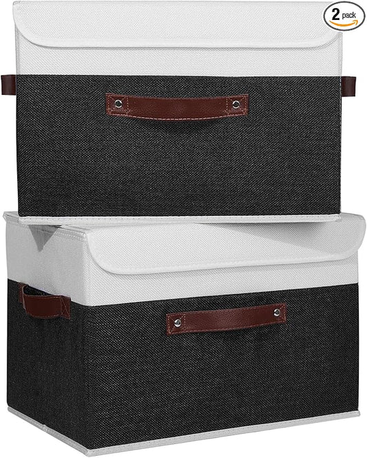 ANMINY 2PCS Storage Boxes with Lid Washable Decorative Storage Bins Basket with PU Leather Handle Foldable Linen Fabric Storage Cubes Containers for Home Closet Organizer - Black White, Large Size