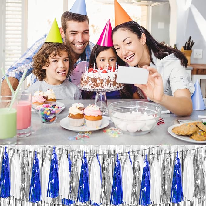 4P Navy-Blue White-Silver Foil Fringe Metallic Tassel Garland Banner, Tassels Banner Streamers for Parade Floats, Bachelorette, Wedding, Birthday, Halloween, Bridal/Baby Shower Party Decorations