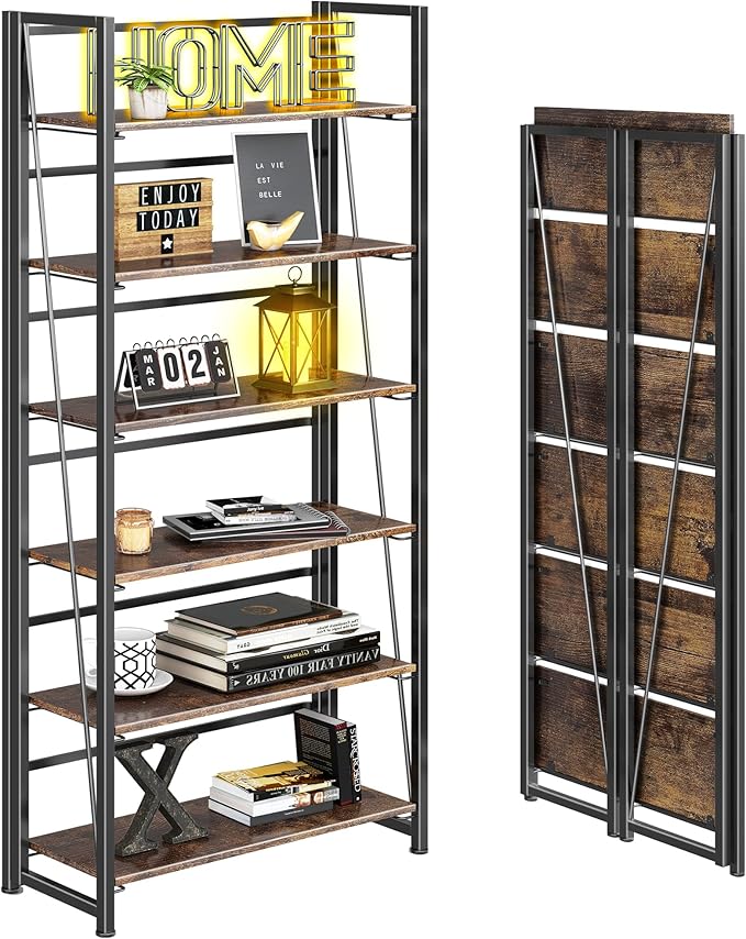 4NM No Assembly Foldable Bookshelf, 6-Shelf Collapsible Bookcase Storage for Small Spaces, 74" H, Rustic Brown and Black
