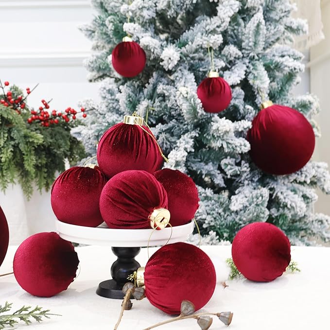 6inch Big Burgundy Velvet Christmas Ornaments, 2pcs Flocked Ornaments Balls Sets for Christmas Tree Decorations