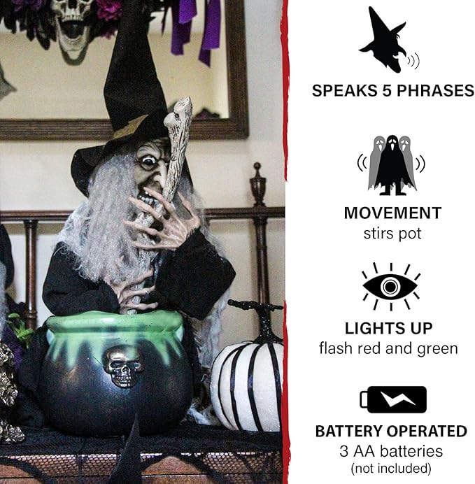 Haunted Hill Farm Scary Talking Witch with Cauldron Halloween Animatronic, Indoor or Covered Outdoor Halloween Decorations with Light up Eyes and Sound, Battery Operated Halloween Props for Home