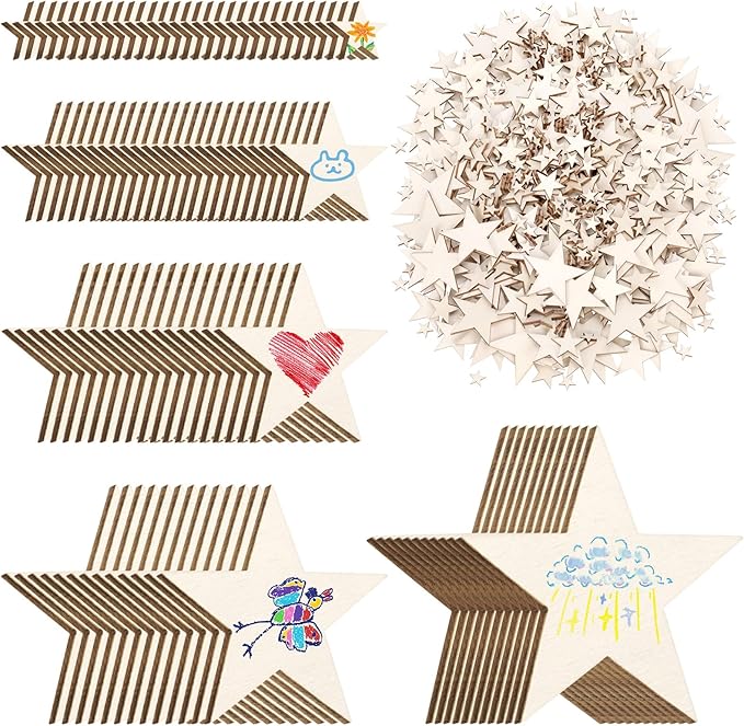 Hilitchi 300Pcs 5Sizes Unfinished Wooden Stars Wood Stars Craft Unfinished Wooden Stars Ornanents Wooden Stars Shape Blank Wood Ornaments Cutout Blank Wood for DIY Art Crafts Home Decorations