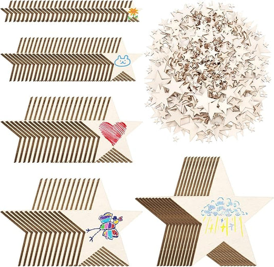 Hilitchi 300Pcs 5Sizes Unfinished Wooden Stars Wood Stars Craft Unfinished Wooden Stars Ornanents Wooden Stars Shape Blank Wood Ornaments Cutout Blank Wood for DIY Art Crafts Home Decorations