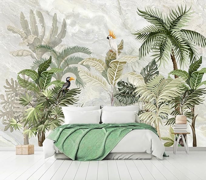 AFZEVEB-Green Forest Nursery Wallpaper Tropical Parrots Wall murals for Kids Room 114"x74" (Not Peel and Stick)