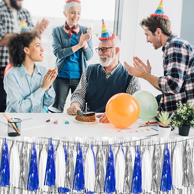 4P Navy-Blue White-Silver Foil Fringe Metallic Tassel Garland Banner, Tassels Banner Streamers for Parade Floats, Bachelorette, Wedding, Birthday, Halloween, Bridal/Baby Shower Party Decorations