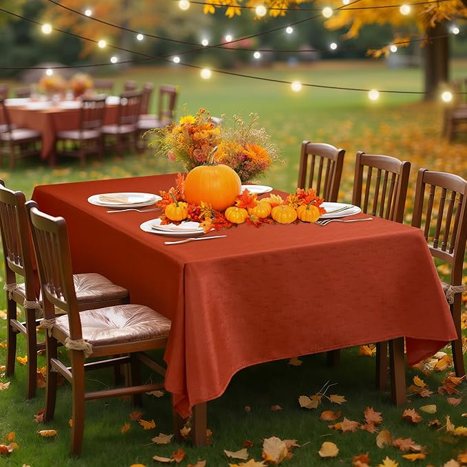 Fitable 2 Pack Faux Linen Fall Tablecloths, Wrinkle Proof Fabric Table Cloth Rectangle, Burlap Textured Table Covers for Thanksgiving Holiday Autumn Dinner Party Farmhouse (Rust, 60 x 84 Inch)