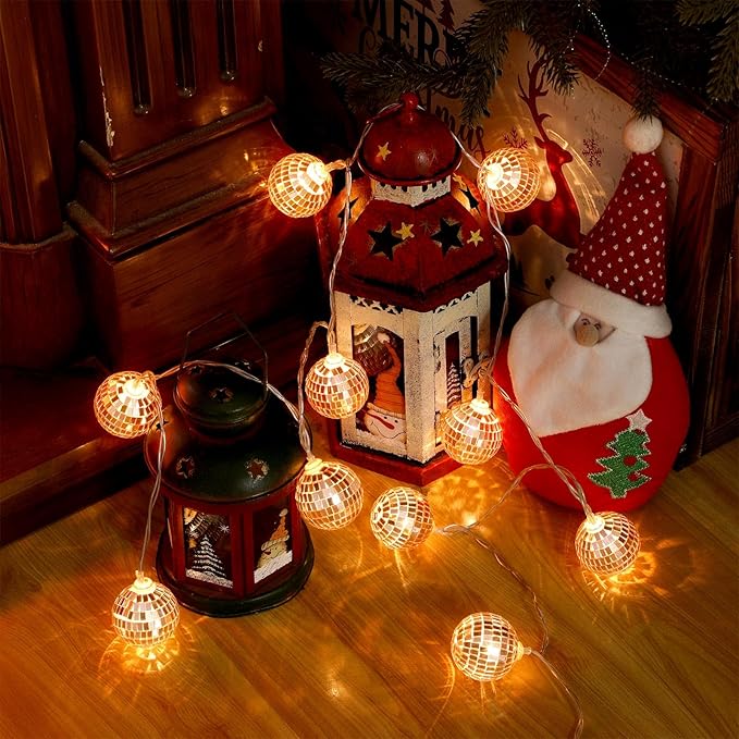 Zhanmai 30 LED Disco Ball String Lights Decor Lighted Mini Mirror Disco Balls Ornaments for 70s 80s Party Supplies Club(1.57 Inch Ball,Rose Gold)