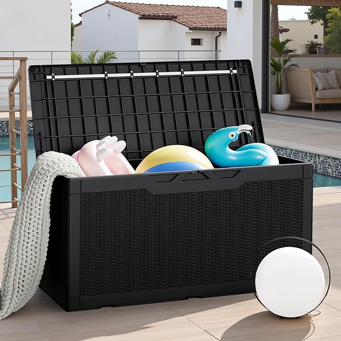JUMMICO 100 Gallon Resin Deck Box, Waterproof Outdoor Storage Box with Lockable Lid for Garden Tools, Patio Cushions (Black)